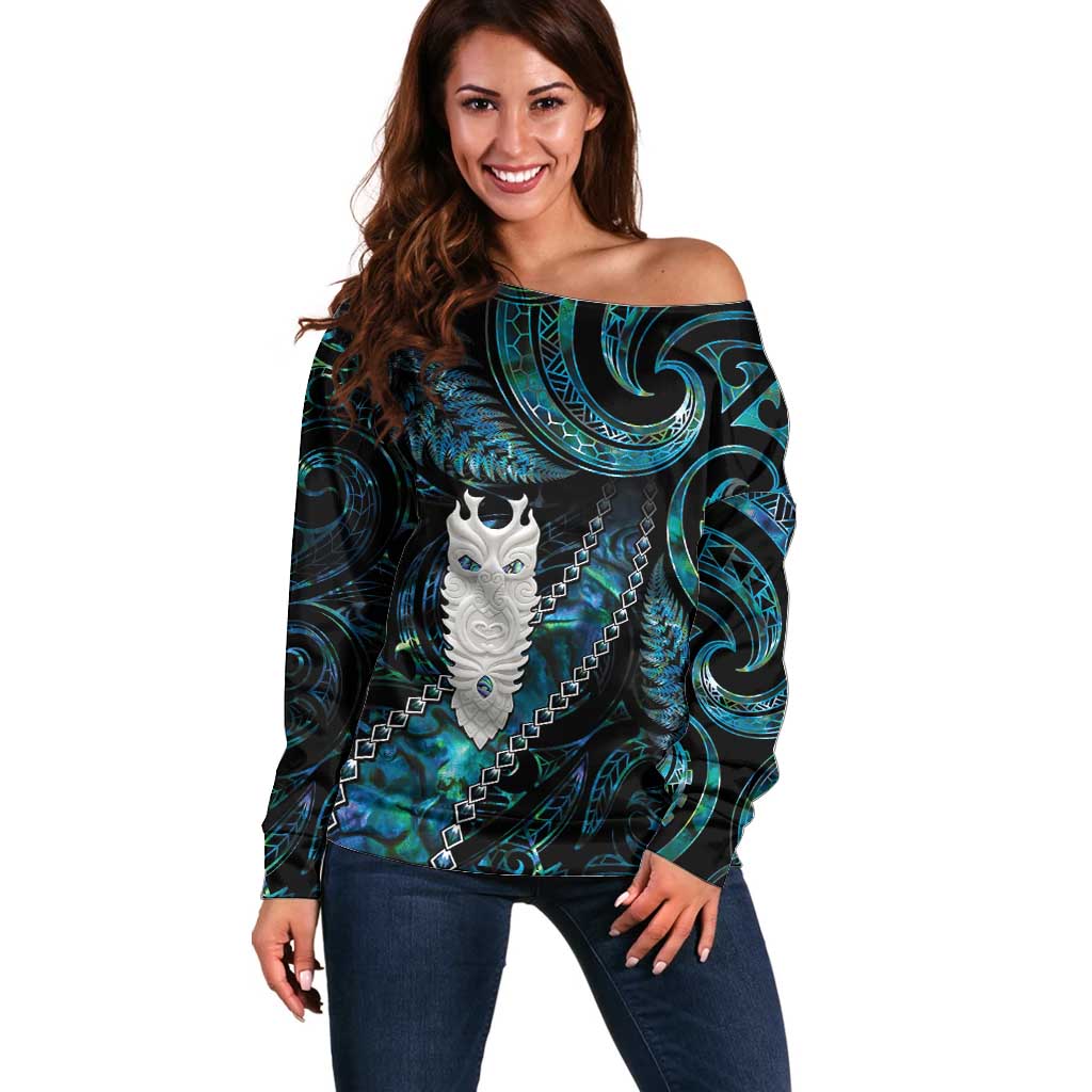 New Zealand Aotearoa Off Shoulder Sweater Maori Tane Te Waiora Paua Shell Glitter Turquoise