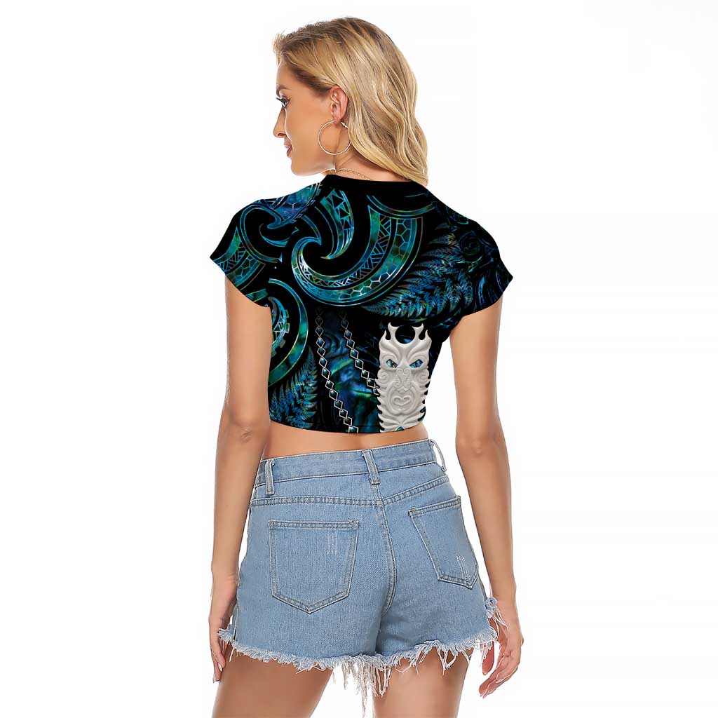 New Zealand Aotearoa Raglan Cropped T Shirt Maori Tane Te Waiora Paua Shell Glitter Turquoise LT05 - Polynesian Pride