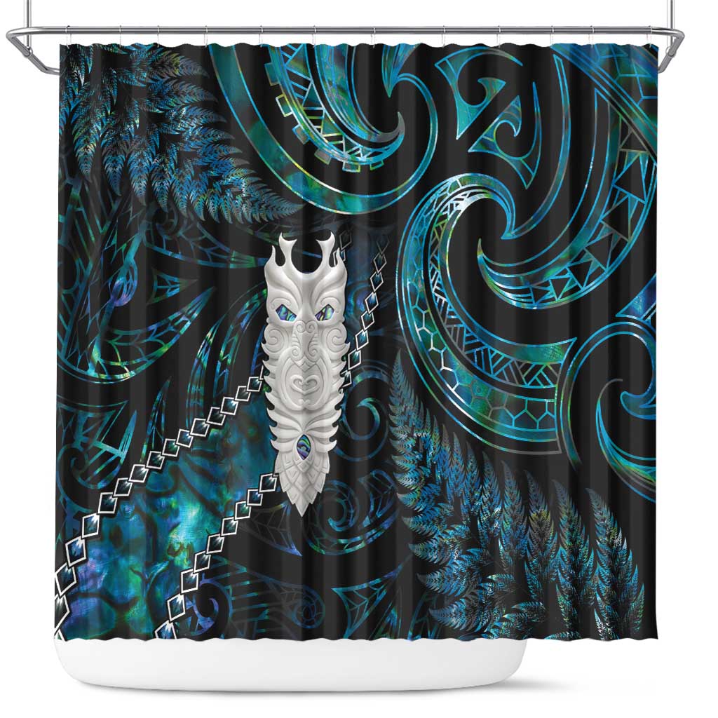 New Zealand Aotearoa Shower Curtain Maori Tane Te Waiora Paua Shell Glitter Turquoise