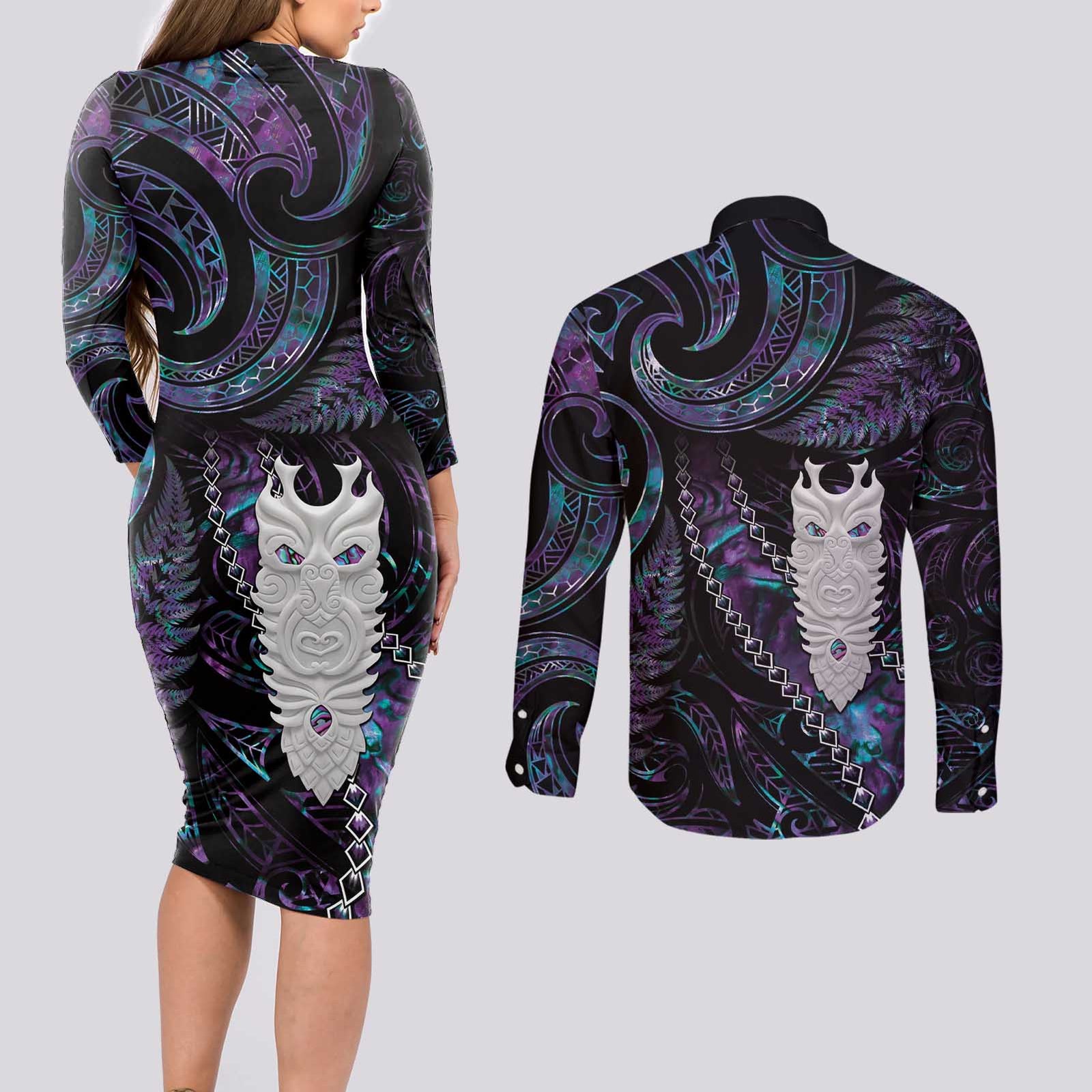 New Zealand Aotearoa Couples Matching Long Sleeve Bodycon Dress and Long Sleeve Button Shirt Maori Tane Te Waiora Paua Shell Glitter Purple LT05 - Polynesian Pride
