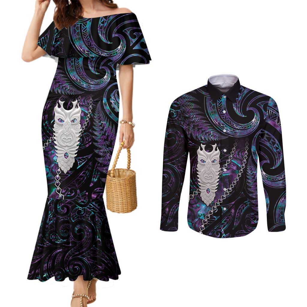 New Zealand Aotearoa Couples Matching Mermaid Dress and Long Sleeve Button Shirt Maori Tane Te Waiora Paua Shell Glitter Purple LT05 Purple - Polynesian Pride
