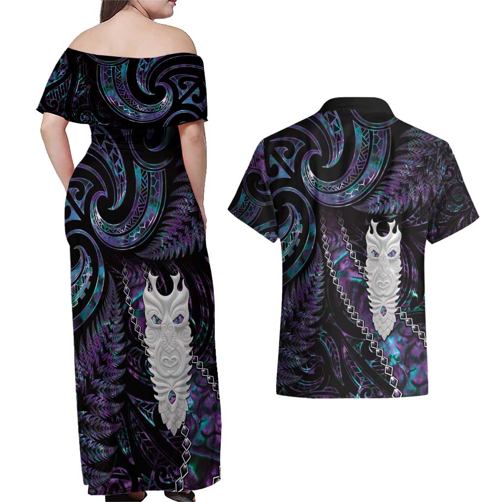 New Zealand Aotearoa Couples Matching Off Shoulder Maxi Dress and Hawaiian Shirt Maori Tane Te Waiora Paua Shell Glitter Purple LT05 - Polynesian Pride
