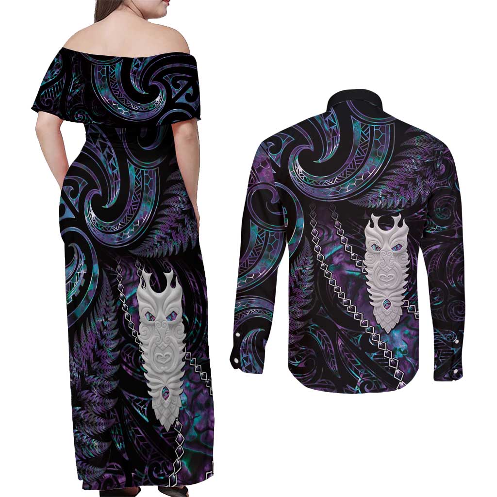 New Zealand Aotearoa Couples Matching Off Shoulder Maxi Dress and Long Sleeve Button Shirt Maori Tane Te Waiora Paua Shell Glitter Purple