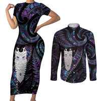 New Zealand Aotearoa Couples Matching Short Sleeve Bodycon Dress and Long Sleeve Button Shirt Maori Tane Te Waiora Paua Shell Glitter Purple LT05 Purple - Polynesian Pride