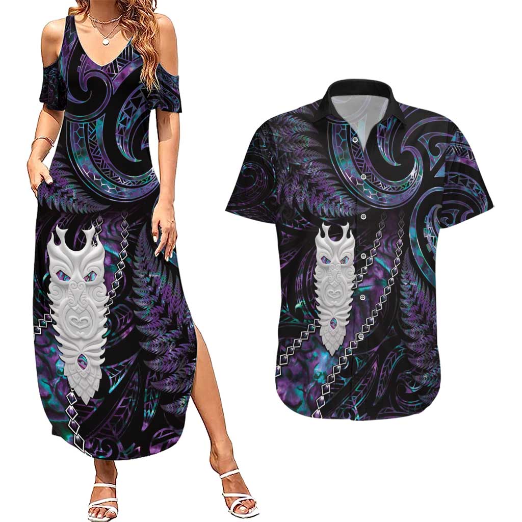 New Zealand Aotearoa Couples Matching Summer Maxi Dress and Hawaiian Shirt Maori Tane Te Waiora Paua Shell Glitter Purple LT05 Purple - Polynesian Pride
