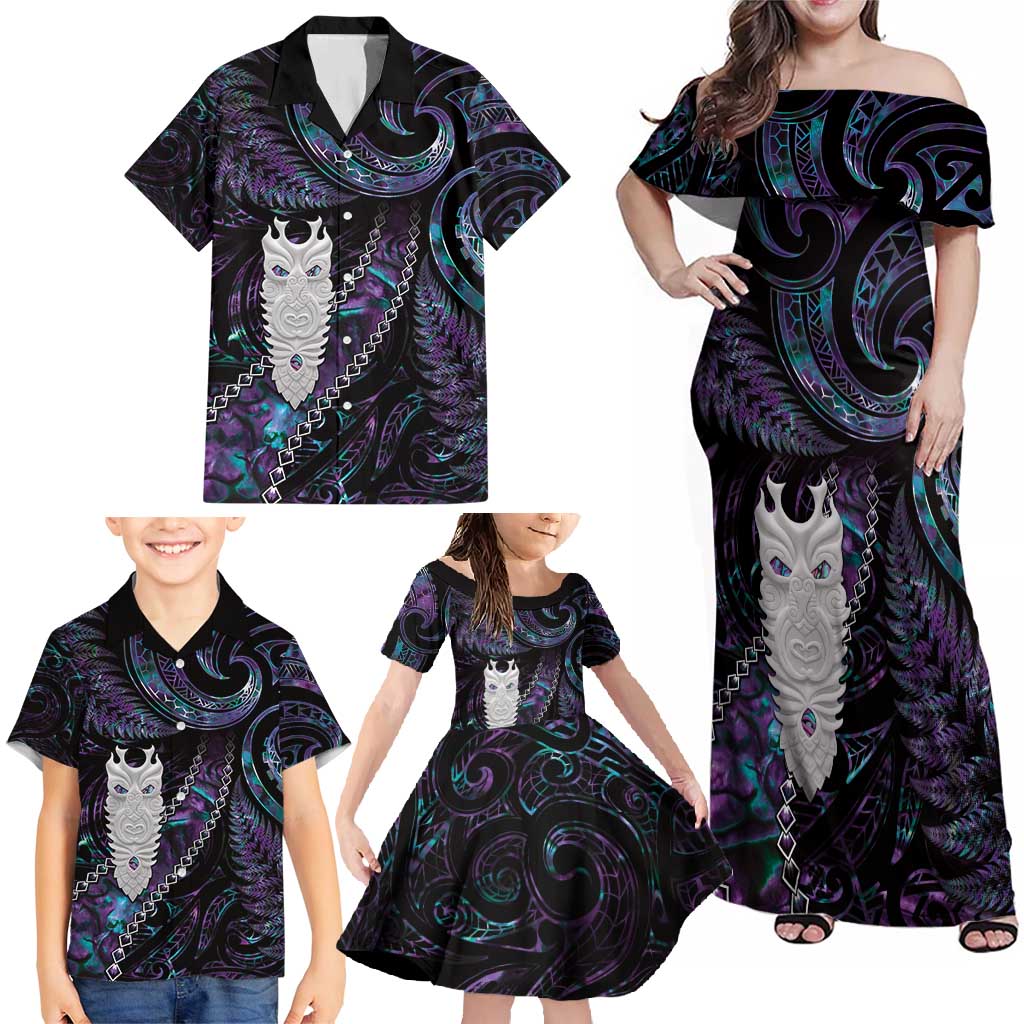 New Zealand Aotearoa Family Matching Off Shoulder Maxi Dress and Hawaiian Shirt Maori Tane Te Waiora Paua Shell Glitter Purple LT05 - Polynesian Pride