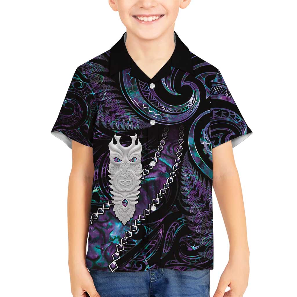 New Zealand Aotearoa Family Matching Off Shoulder Maxi Dress and Hawaiian Shirt Maori Tane Te Waiora Paua Shell Glitter Purple LT05 Son's Shirt Purple - Polynesian Pride