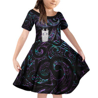 New Zealand Aotearoa Family Matching Off Shoulder Short Dress and Hawaiian Shirt Maori Tane Te Waiora Paua Shell Glitter Purple LT05 Daughter's Dress Purple - Polynesian Pride