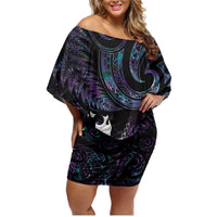 New Zealand Aotearoa Family Matching Off Shoulder Short Dress and Hawaiian Shirt Maori Tane Te Waiora Paua Shell Glitter Purple LT05 Mom's Dress Purple - Polynesian Pride