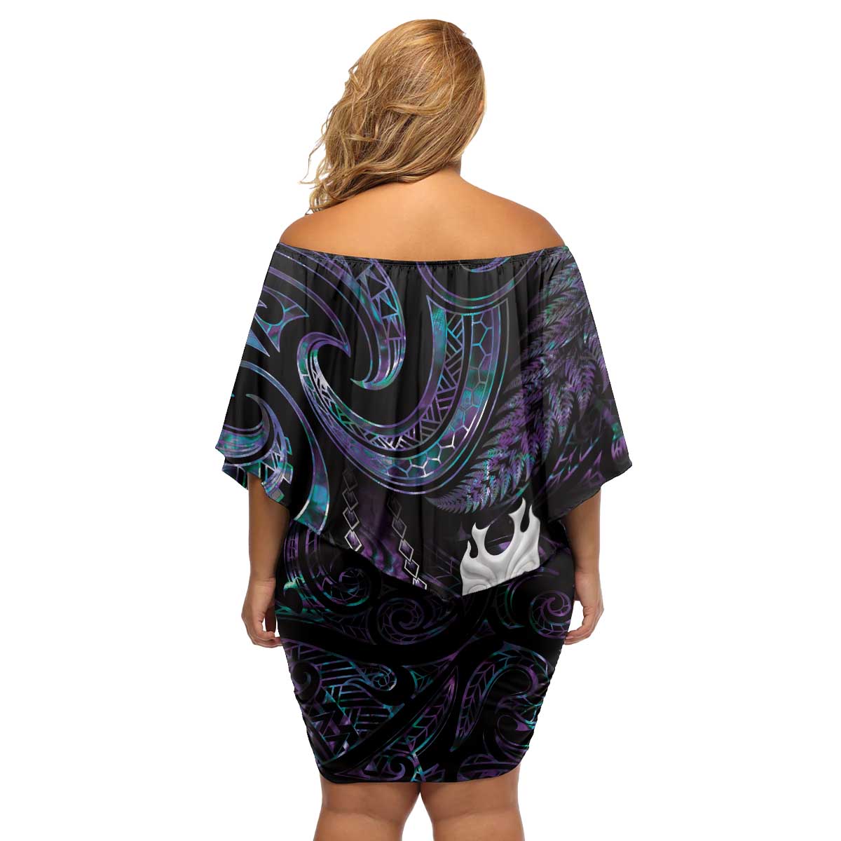 New Zealand Aotearoa Family Matching Off Shoulder Short Dress and Hawaiian Shirt Maori Tane Te Waiora Paua Shell Glitter Purple LT05 - Polynesian Pride