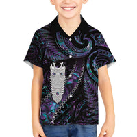 New Zealand Aotearoa Family Matching Off Shoulder Short Dress and Hawaiian Shirt Maori Tane Te Waiora Paua Shell Glitter Purple LT05 Son's Shirt Purple - Polynesian Pride