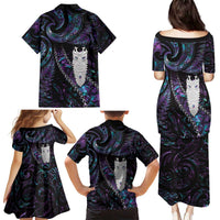 New Zealand Aotearoa Family Matching Puletasi and Hawaiian Shirt Maori Tane Te Waiora Paua Shell Glitter Purple LT05 - Polynesian Pride