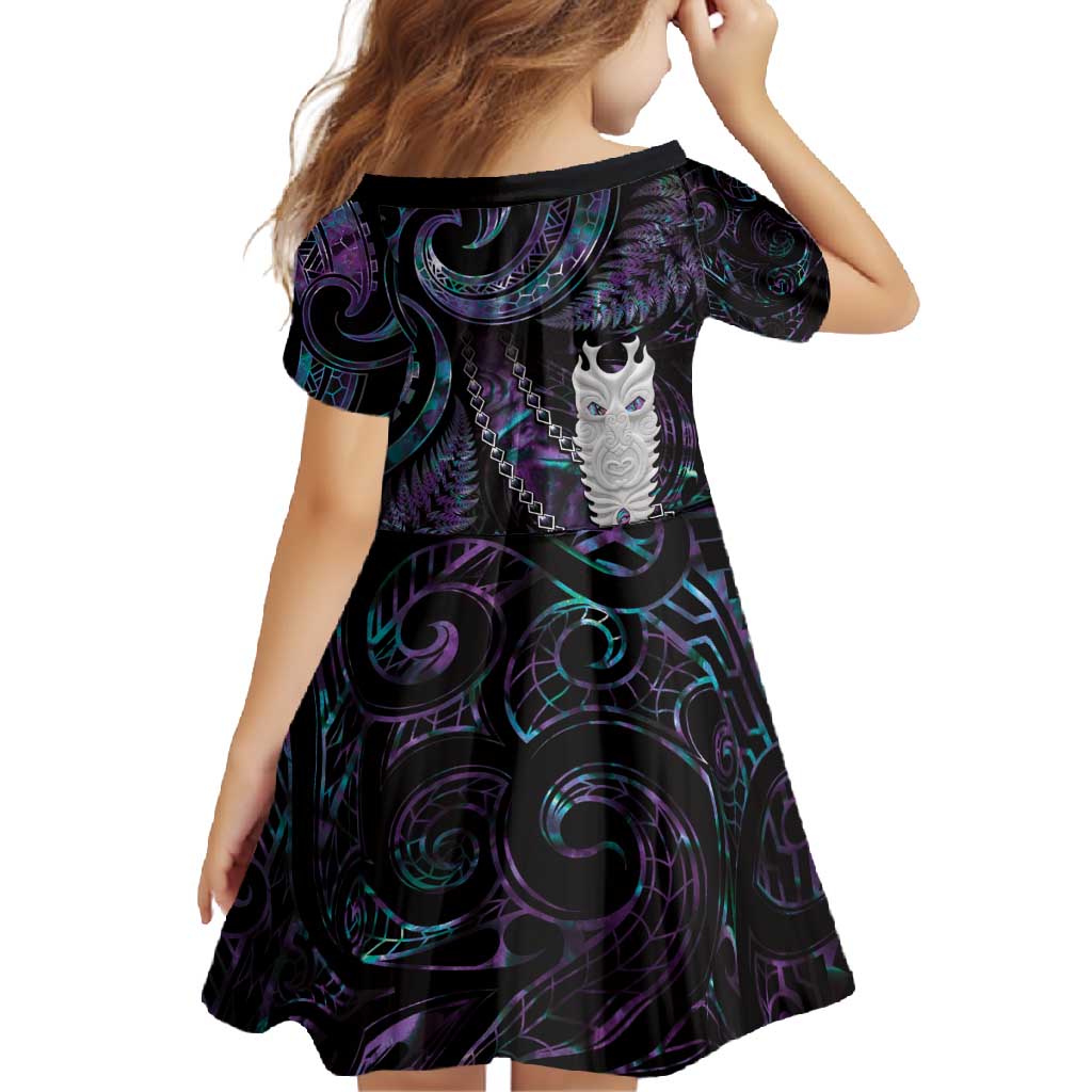 New Zealand Aotearoa Family Matching Short Sleeve Bodycon Dress and Hawaiian Shirt Maori Tane Te Waiora Paua Shell Glitter Purple LT05 - Polynesian Pride