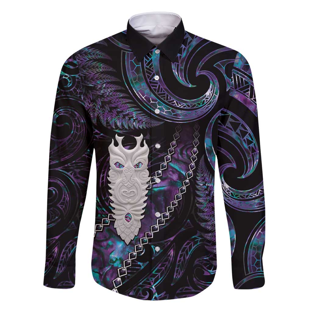 New Zealand Aotearoa Family Matching Short Sleeve Bodycon Dress and Hawaiian Shirt Maori Tane Te Waiora Paua Shell Glitter Purple LT05 Dad's Shirt - Long Sleeve Purple - Polynesian Pride
