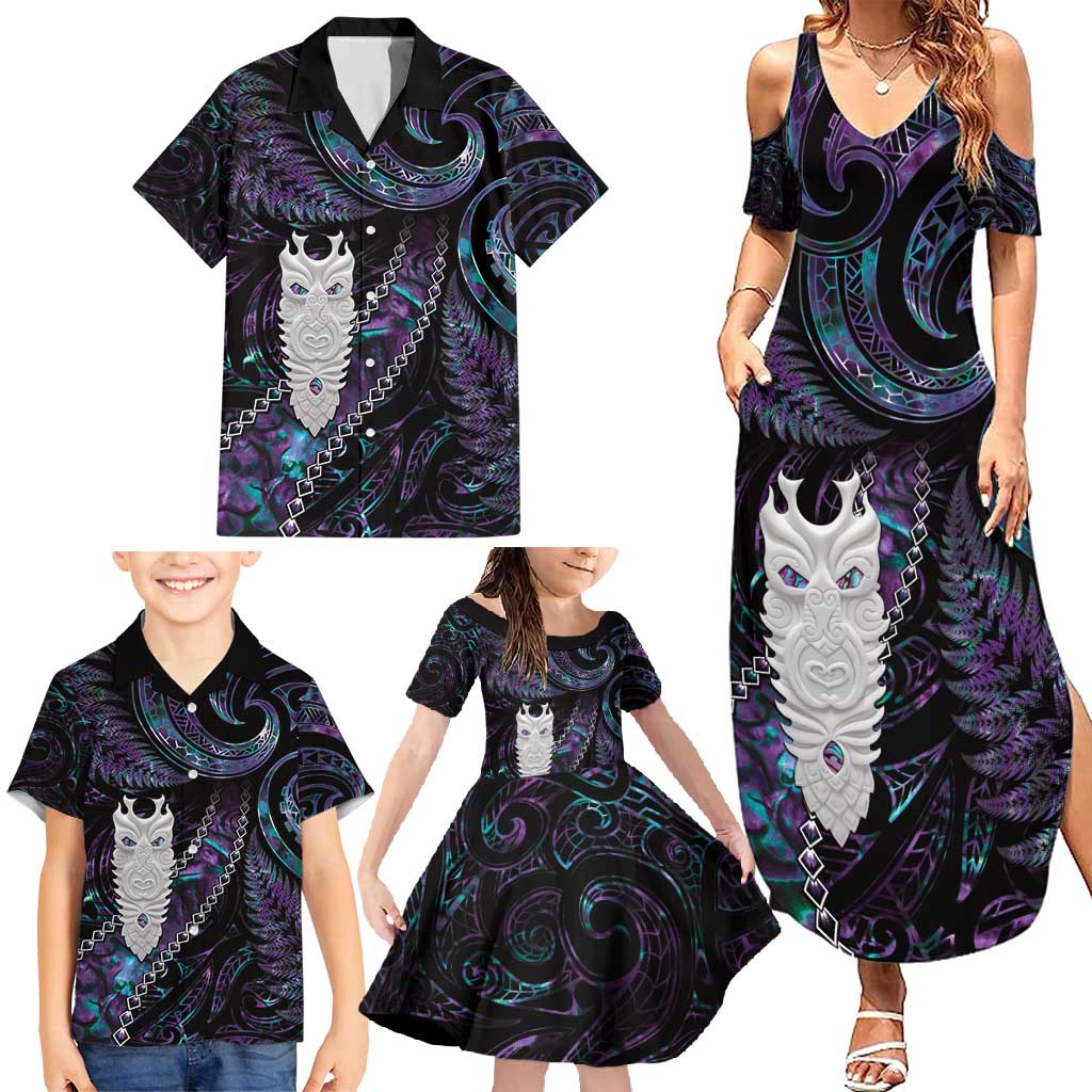 New Zealand Aotearoa Family Matching Summer Maxi Dress and Hawaiian Shirt Maori Tane Te Waiora Paua Shell Glitter Purple LT05 - Polynesian Pride