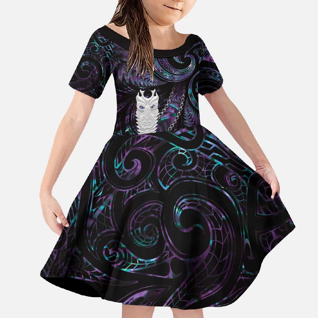 New Zealand Aotearoa Family Matching Tank Maxi Dress and Hawaiian Shirt Maori Tane Te Waiora Paua Shell Glitter Purple LT05 Daughter's Dress Purple - Polynesian Pride