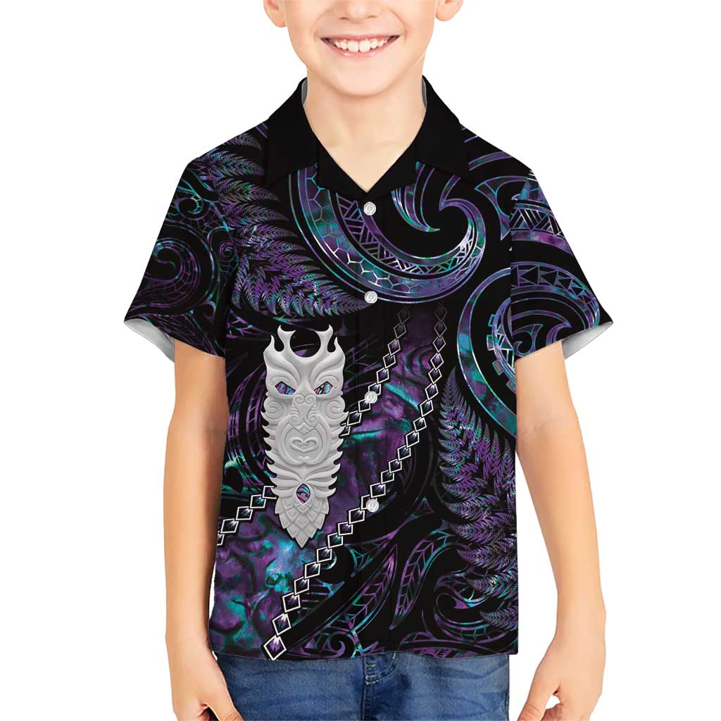 New Zealand Aotearoa Kid Hawaiian Shirt Maori Tane Te Waiora Paua Shell Glitter Purple LT05 Kid Purple - Polynesian Pride