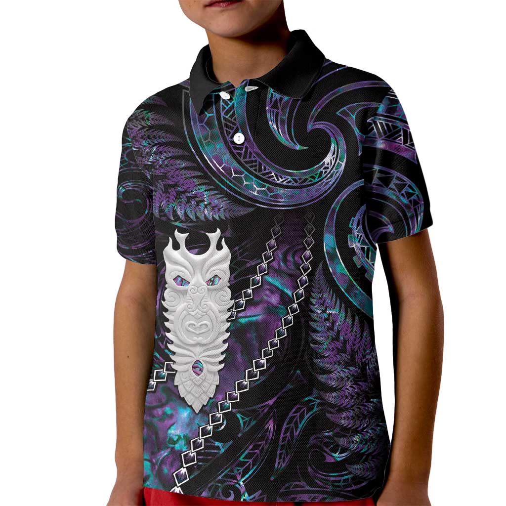 New Zealand Aotearoa Kid Polo Shirt Maori Tane Te Waiora Paua Shell Glitter Purple LT05 Kid Purple - Polynesian Pride