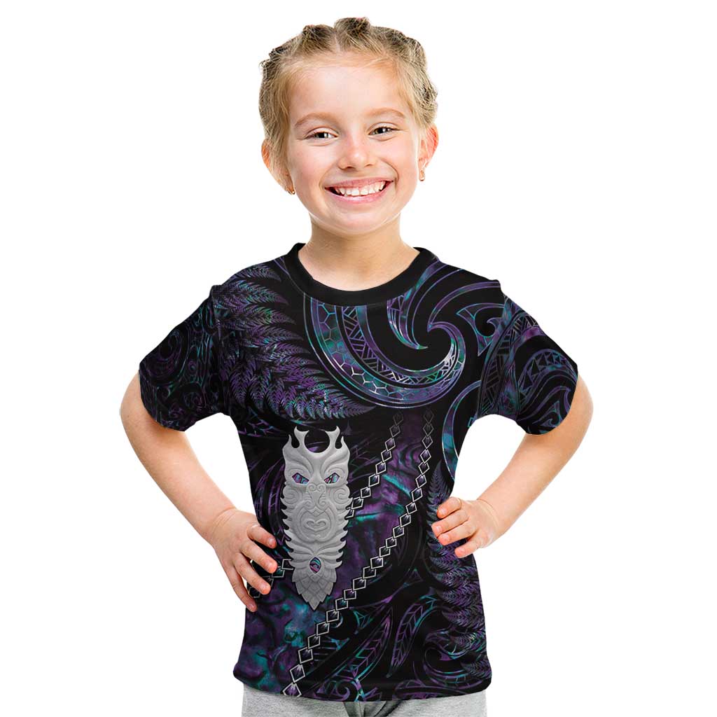 New Zealand Aotearoa Kid T Shirt Maori Tane Te Waiora Paua Shell Glitter Purple LT05 Purple - Polynesian Pride