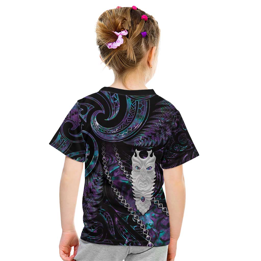New Zealand Aotearoa Kid T Shirt Maori Tane Te Waiora Paua Shell Glitter Purple LT05 - Polynesian Pride