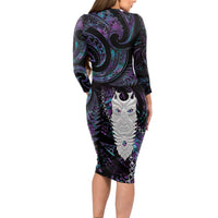 New Zealand Aotearoa Long Sleeve Bodycon Dress Maori Tane Te Waiora Paua Shell Glitter Purple