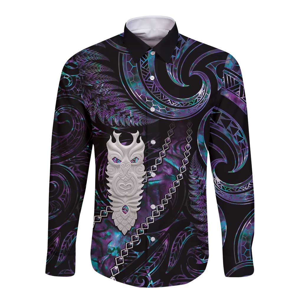 New Zealand Aotearoa Long Sleeve Button Shirt Maori Tane Te Waiora Paua Shell Glitter Purple LT05 Unisex Purple - Polynesian Pride