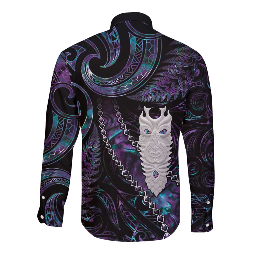 New Zealand Aotearoa Long Sleeve Button Shirt Maori Tane Te Waiora Paua Shell Glitter Purple LT05 - Polynesian Pride