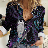 New Zealand Aotearoa Women Casual Shirt Maori Tane Te Waiora Paua Shell Glitter Purple LT05 Female Purple - Polynesian Pride