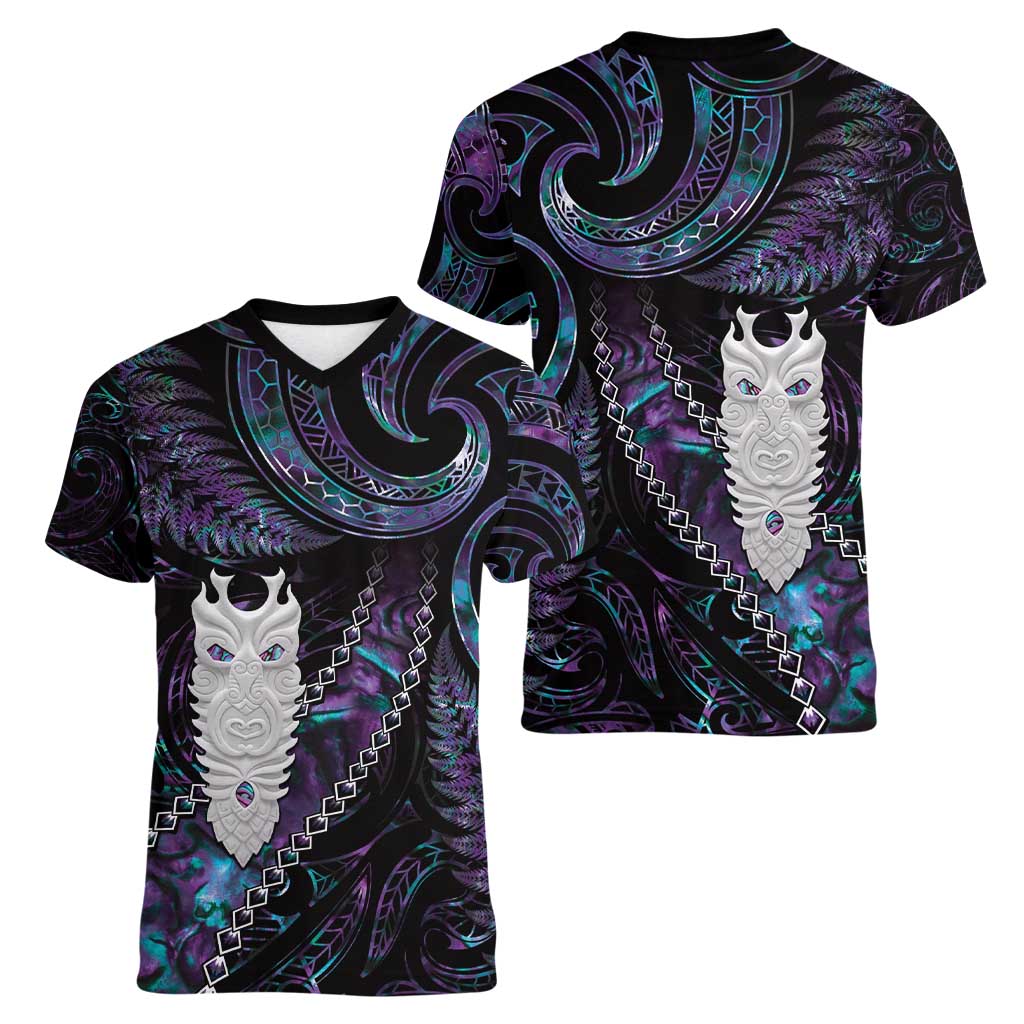 New Zealand Aotearoa Women V-Neck T-Shirt Maori Tane Te Waiora Paua Shell Glitter Purple LT05 - Polynesian Pride