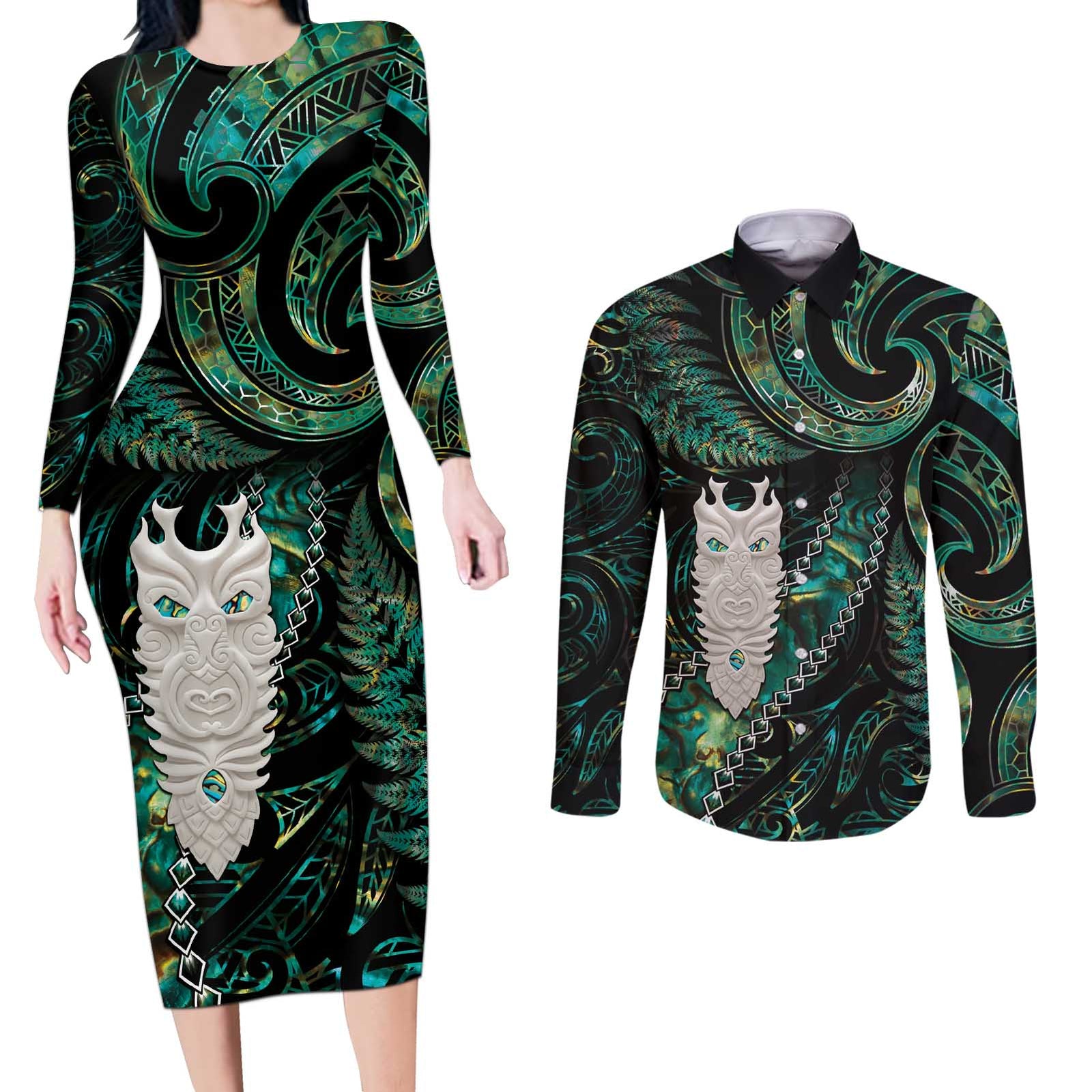 New Zealand Aotearoa Couples Matching Long Sleeve Bodycon Dress and Long Sleeve Button Shirt Maori Tane Te Waiora Paua Shell Glitter Green LT05 Green - Polynesian Pride