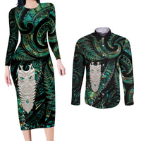 New Zealand Aotearoa Couples Matching Long Sleeve Bodycon Dress and Long Sleeve Button Shirt Maori Tane Te Waiora Paua Shell Glitter Green LT05 Green - Polynesian Pride