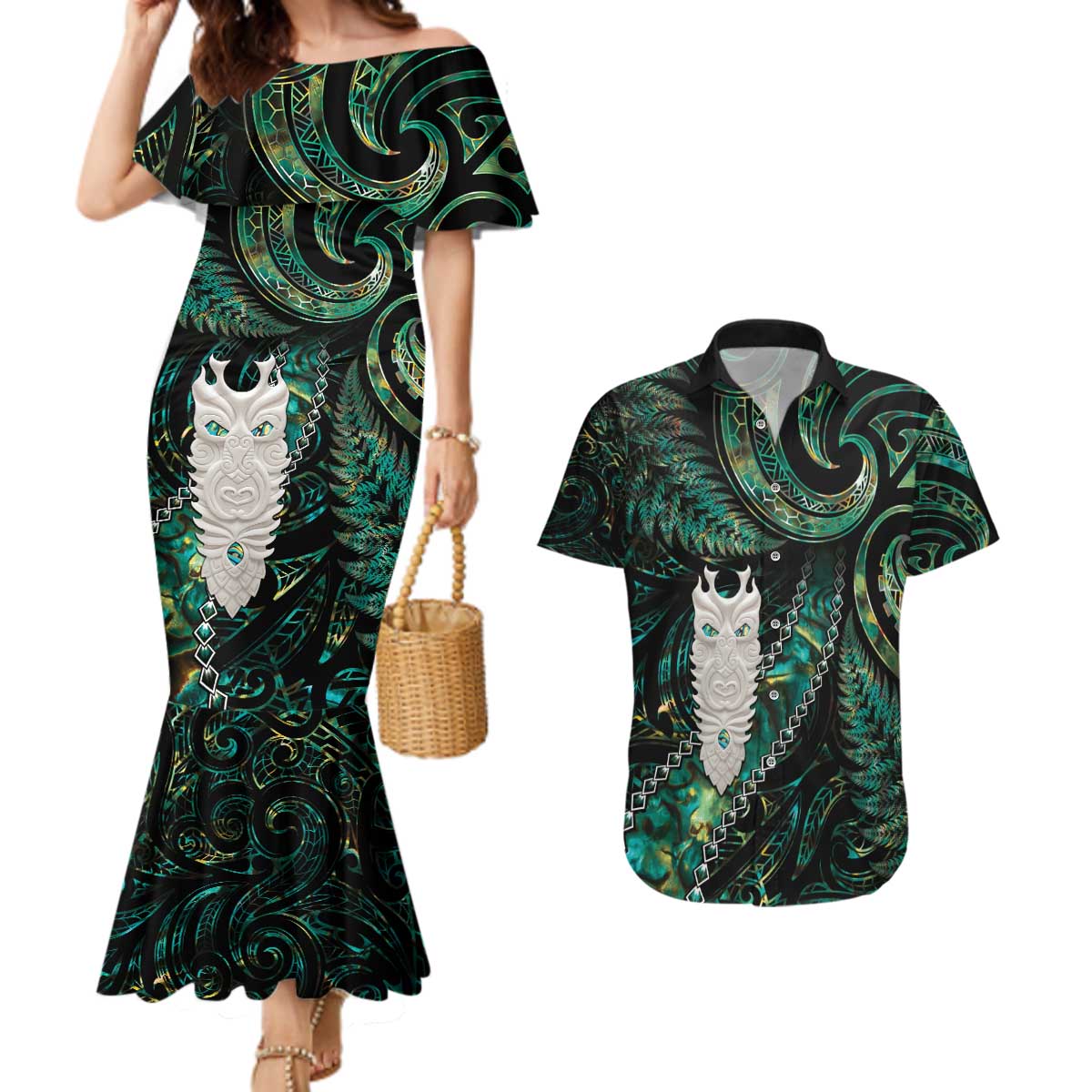 New Zealand Aotearoa Couples Matching Mermaid Dress and Hawaiian Shirt Maori Tane Te Waiora Paua Shell Glitter Green