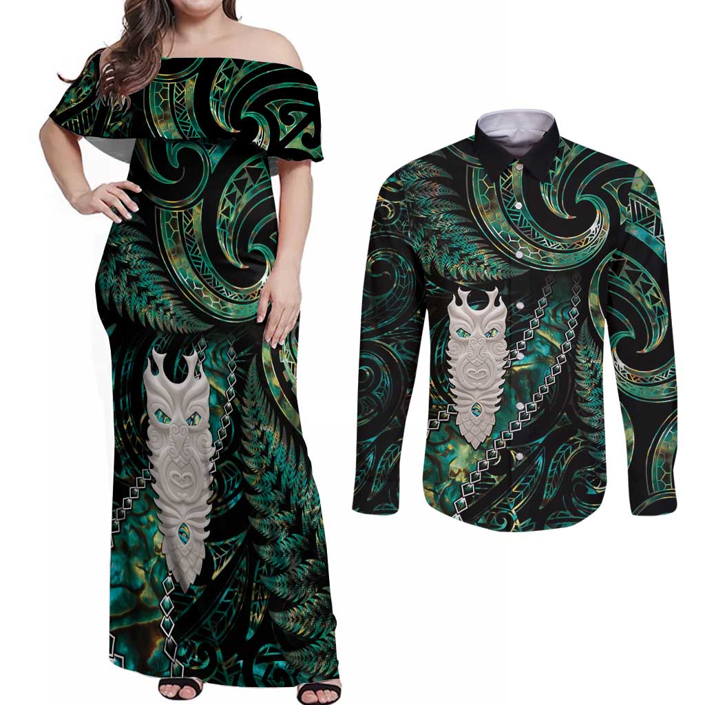 New Zealand Aotearoa Couples Matching Off Shoulder Maxi Dress and Long Sleeve Button Shirt Maori Tane Te Waiora Paua Shell Glitter Green LT05 Green - Polynesian Pride