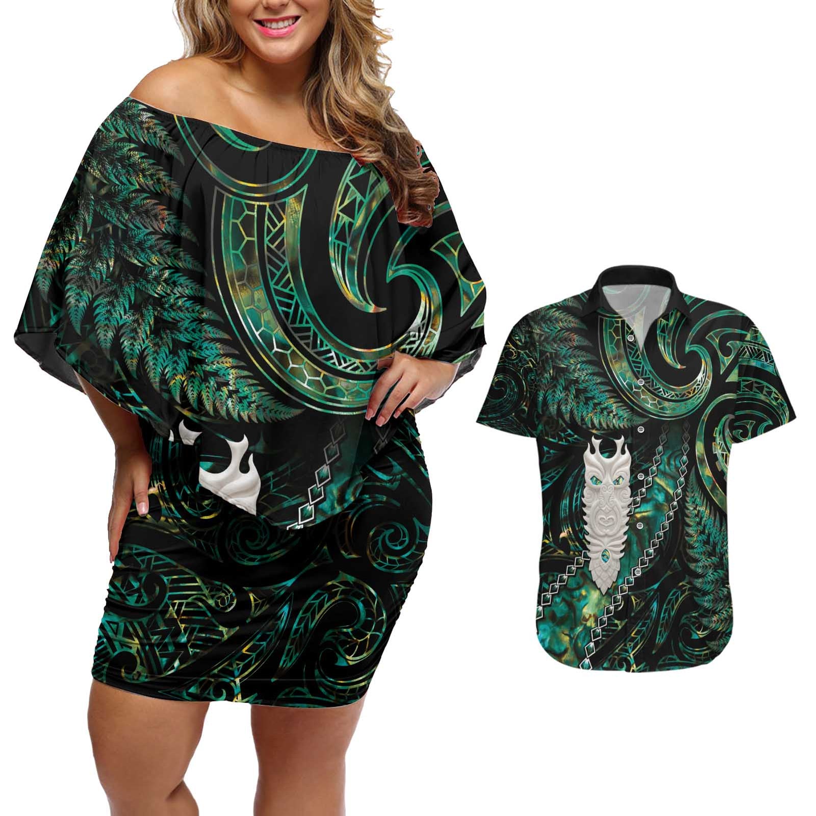New Zealand Aotearoa Couples Matching Off Shoulder Short Dress and Hawaiian Shirt Maori Tane Te Waiora Paua Shell Glitter Green LT05 Green - Polynesian Pride