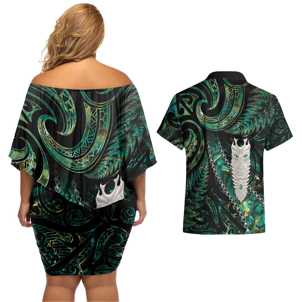 New Zealand Aotearoa Couples Matching Off Shoulder Short Dress and Hawaiian Shirt Maori Tane Te Waiora Paua Shell Glitter Green LT05 - Polynesian Pride