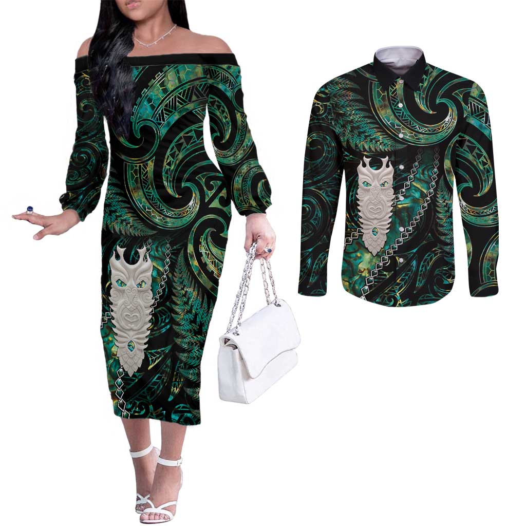 New Zealand Aotearoa Couples Matching Off The Shoulder Long Sleeve Dress and Long Sleeve Button Shirt Maori Tane Te Waiora Paua Shell Glitter Green LT05 Green - Polynesian Pride