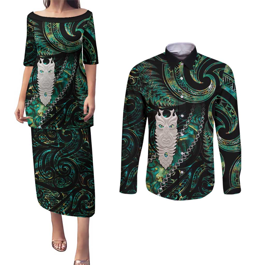 New Zealand Aotearoa Couples Matching Puletasi and Long Sleeve Button Shirt Maori Tane Te Waiora Paua Shell Glitter Green LT05 Green - Polynesian Pride