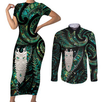 New Zealand Aotearoa Couples Matching Short Sleeve Bodycon Dress and Long Sleeve Button Shirt Maori Tane Te Waiora Paua Shell Glitter Green LT05 Green - Polynesian Pride