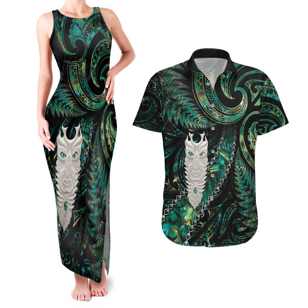 New Zealand Aotearoa Couples Matching Tank Maxi Dress and Hawaiian Shirt Maori Tane Te Waiora Paua Shell Glitter Green LT05 Green - Polynesian Pride