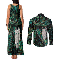 New Zealand Aotearoa Couples Matching Tank Maxi Dress and Long Sleeve Button Shirt Maori Tane Te Waiora Paua Shell Glitter Green
