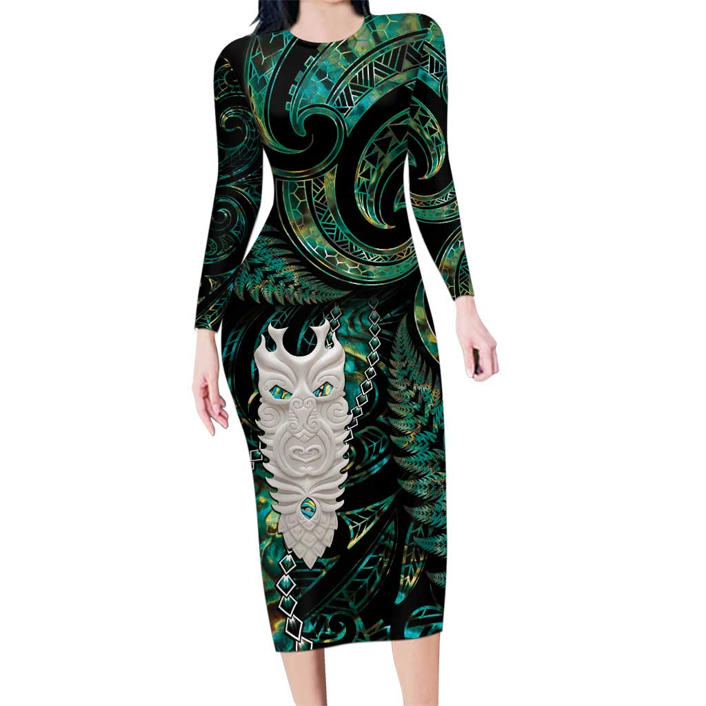 New Zealand Aotearoa Family Matching Long Sleeve Bodycon Dress and Hawaiian Shirt Maori Tane Te Waiora Paua Shell Glitter Green