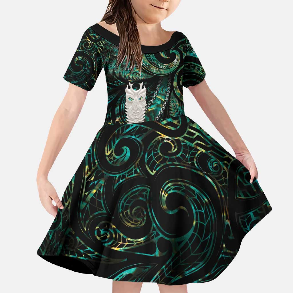 New Zealand Aotearoa Family Matching Mermaid Dress and Hawaiian Shirt Maori Tane Te Waiora Paua Shell Glitter Green LT05 Daughter's Dress Green - Polynesian Pride