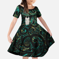 New Zealand Aotearoa Family Matching Off Shoulder Maxi Dress and Hawaiian Shirt Maori Tane Te Waiora Paua Shell Glitter Green LT05 Daughter's Dress Green - Polynesian Pride