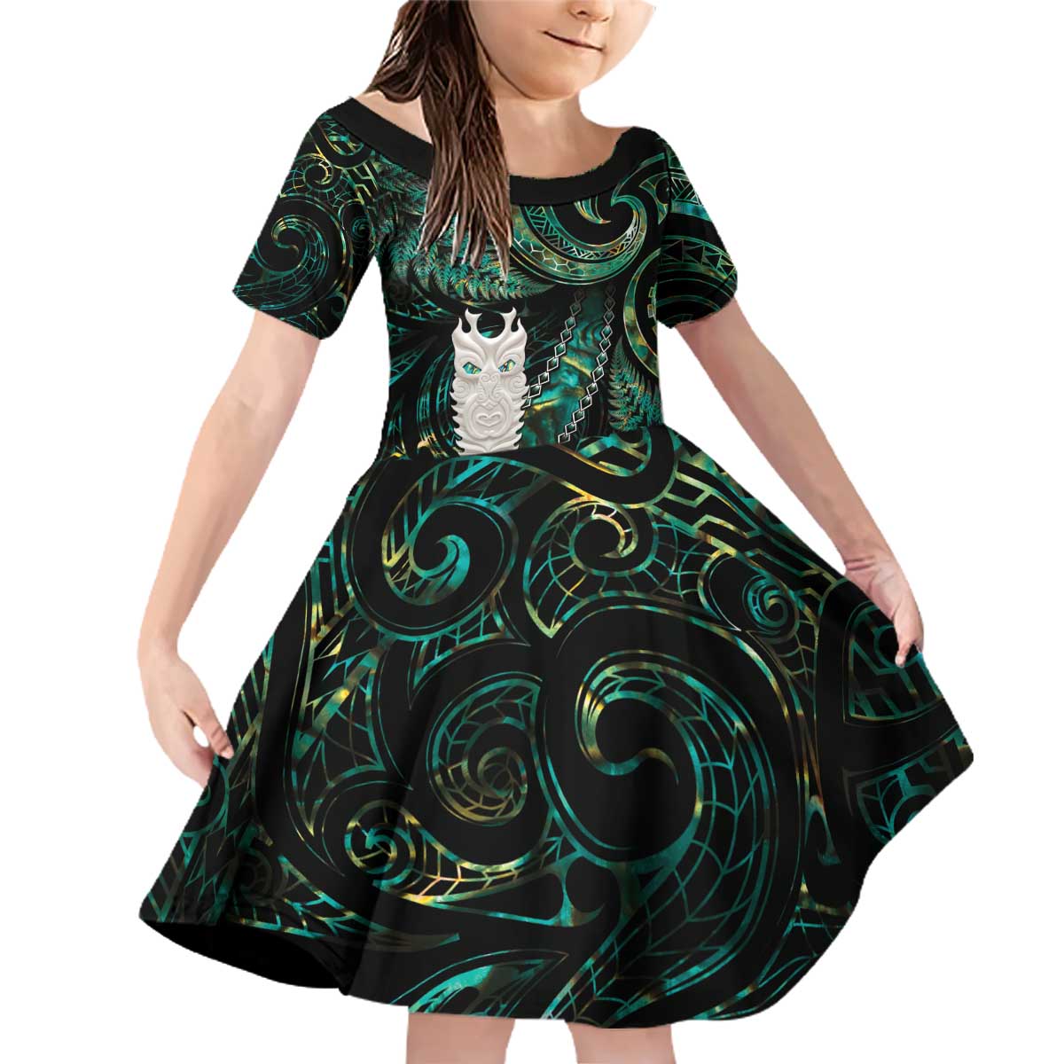New Zealand Aotearoa Family Matching Off Shoulder Short Dress and Hawaiian Shirt Maori Tane Te Waiora Paua Shell Glitter Green LT05 Daughter's Dress Green - Polynesian Pride
