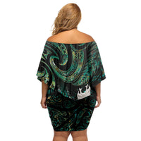New Zealand Aotearoa Family Matching Off Shoulder Short Dress and Hawaiian Shirt Maori Tane Te Waiora Paua Shell Glitter Green LT05 - Polynesian Pride