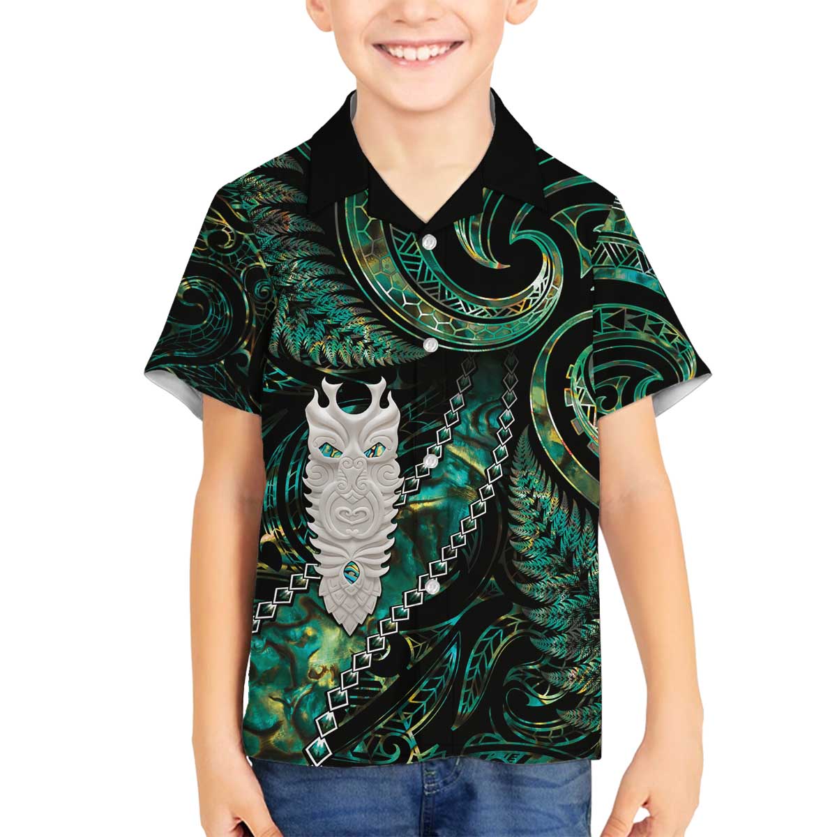 New Zealand Aotearoa Family Matching Puletasi and Hawaiian Shirt Maori Tane Te Waiora Paua Shell Glitter Green LT05 Son's Shirt Green - Polynesian Pride