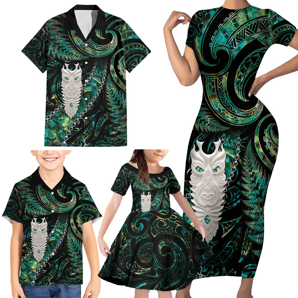 New Zealand Aotearoa Family Matching Short Sleeve Bodycon Dress and Hawaiian Shirt Maori Tane Te Waiora Paua Shell Glitter Green LT05 - Polynesian Pride