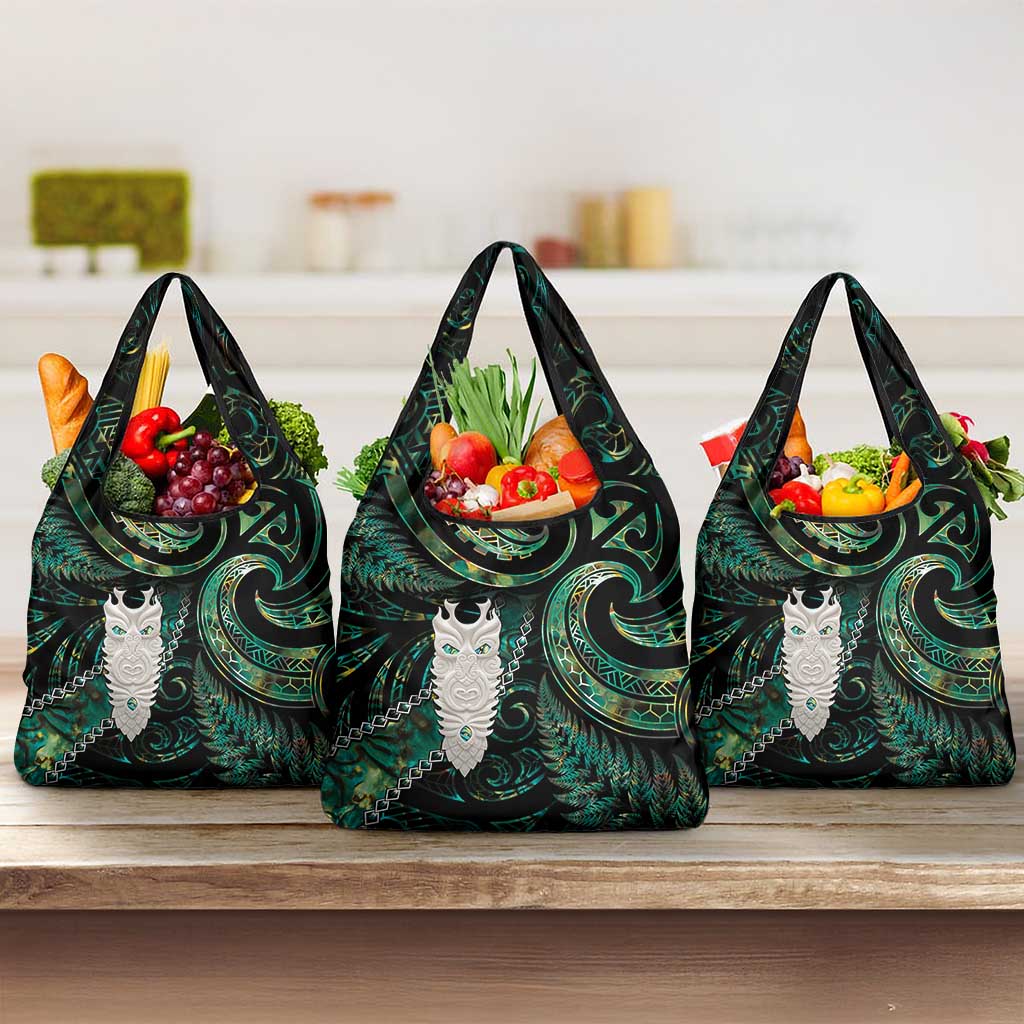 New Zealand Aotearoa Grocery Bag Maori Tane Te Waiora Paua Shell Glitter Green LT05 3-pack One Size Green - Polynesian Pride
