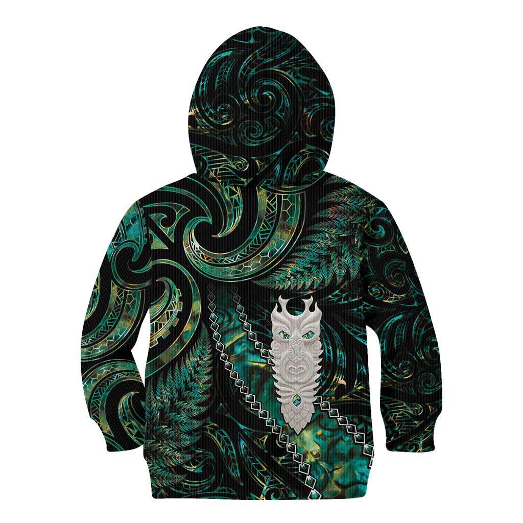 New Zealand Aotearoa Kid Hoodie Maori Tane Te Waiora Paua Shell Glitter Green