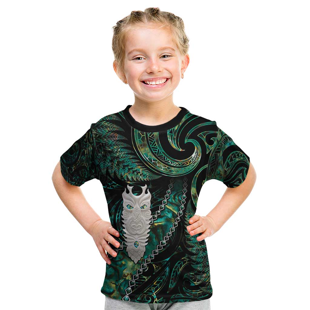 New Zealand Aotearoa Kid T Shirt Maori Tane Te Waiora Paua Shell Glitter Green LT05 Green - Polynesian Pride